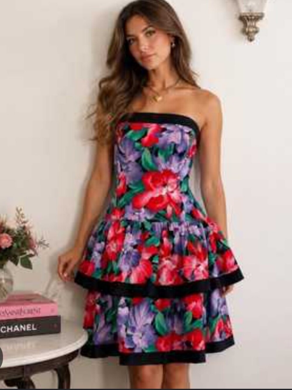 A.J. Bari Vintage Cotton Strapless Vibrant Colorful Floral Peplum Cocktail Dress